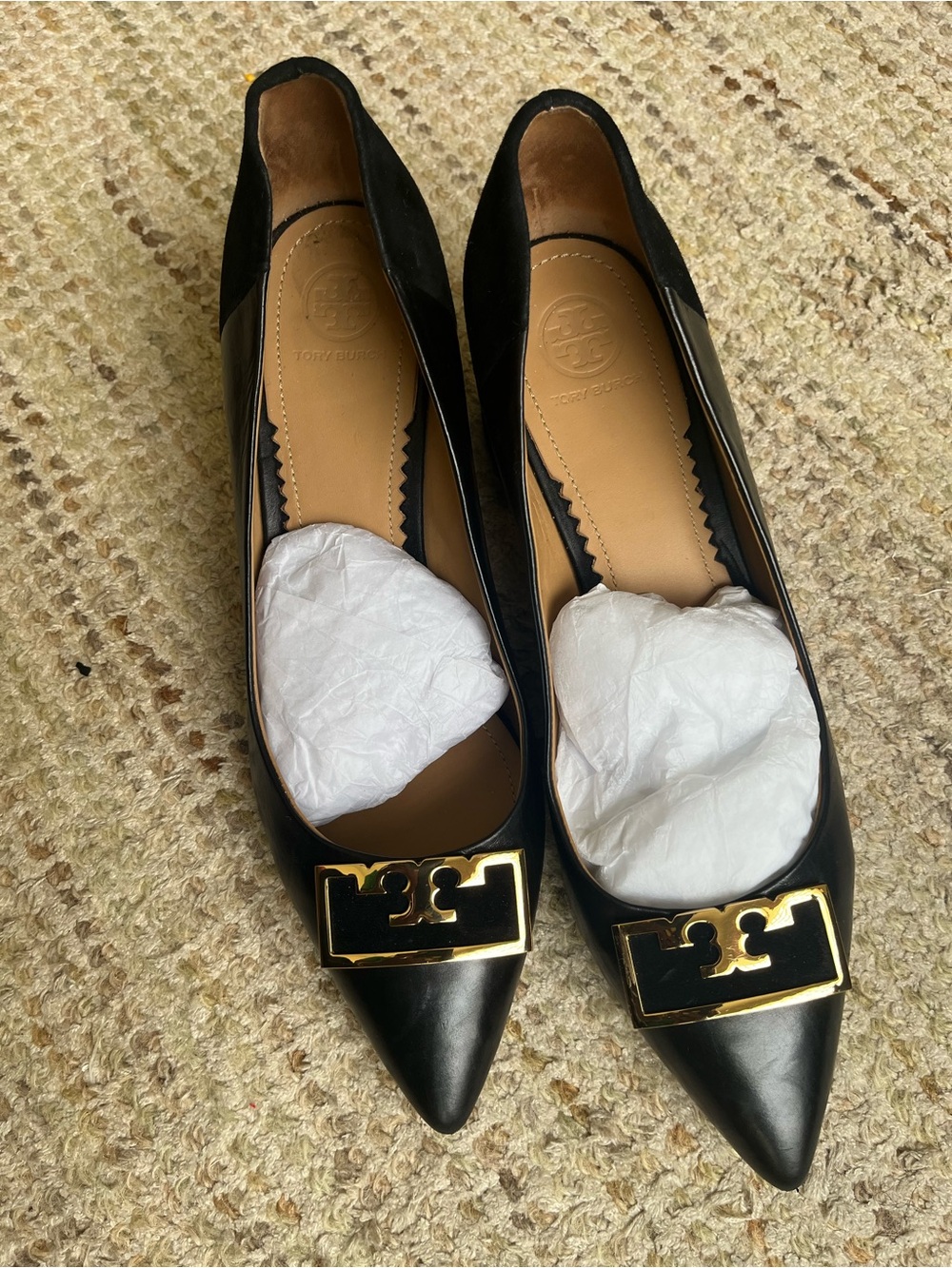 Tory Burch Black Pointed Leather Flats with Gold Logo Accent